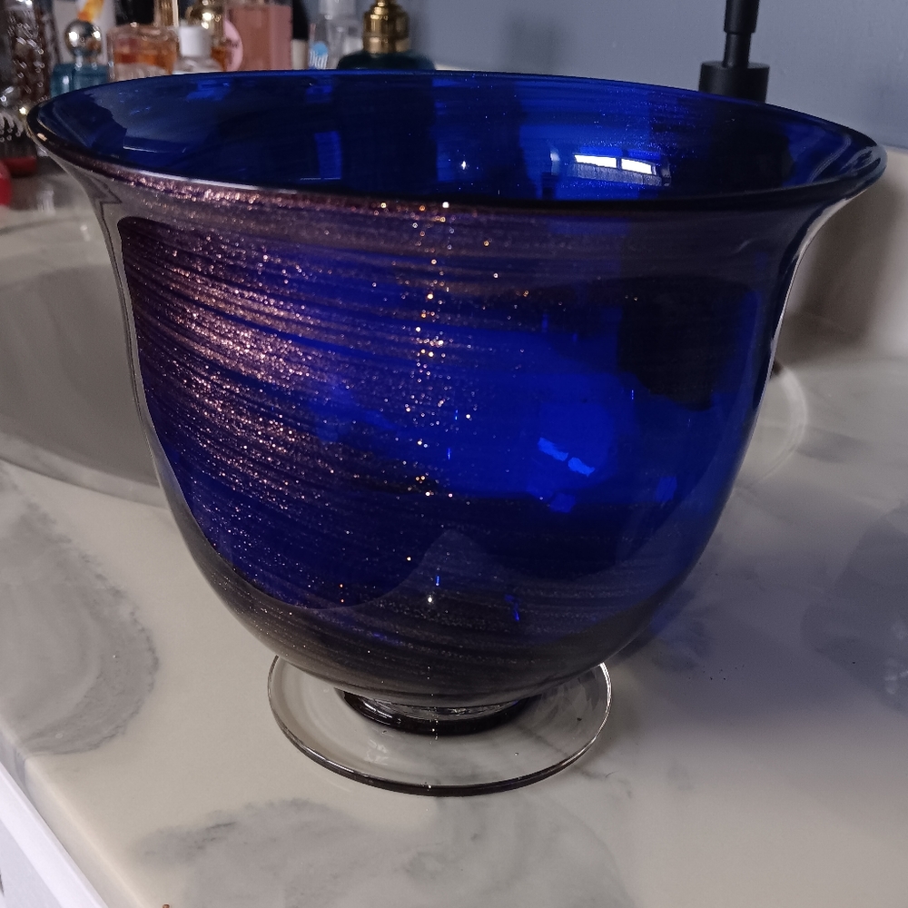 Cobalt blue pedestal bowl with gold fleck